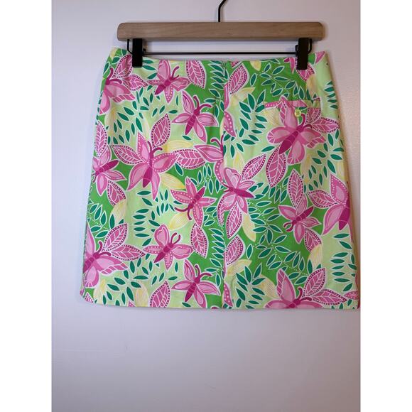VTG Lilly Pulitzer Summer Fling Pink Green Butterfly Lined Mini Skirt Resort 4 - Picture 2 of 5